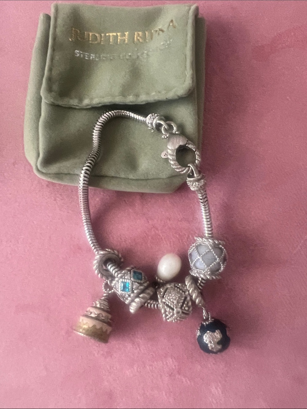 Judith Ripka Silver Charm Bracelet with Multi-Color Charms.
